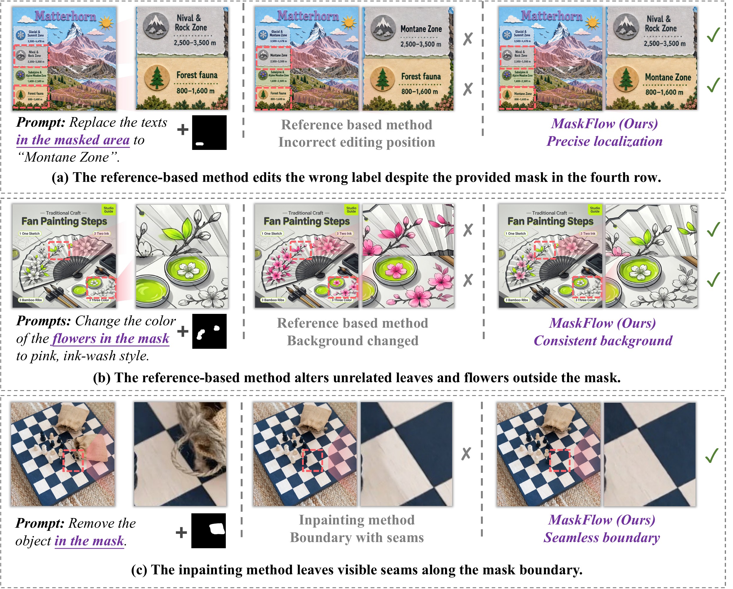 MaskFlow examples demonstrating precise localization, consistent background preservation, and seamless boundary transitions